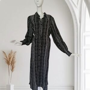 KAFFE Black and White Midi Dress with Bishop Sleeves